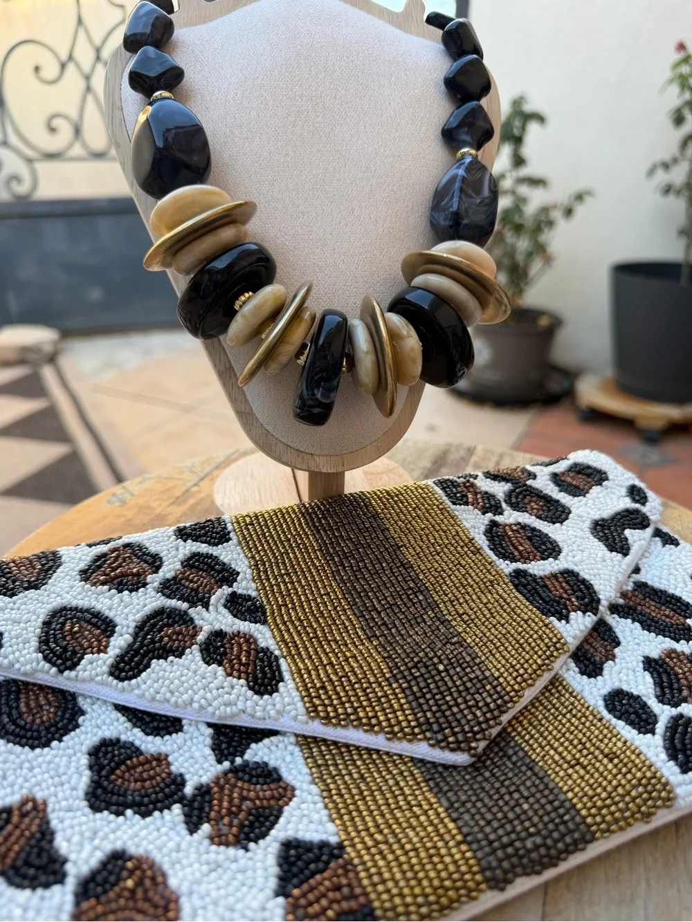 Statement Necklace & Beaded Leopard Clutch Set Black Gold Cream